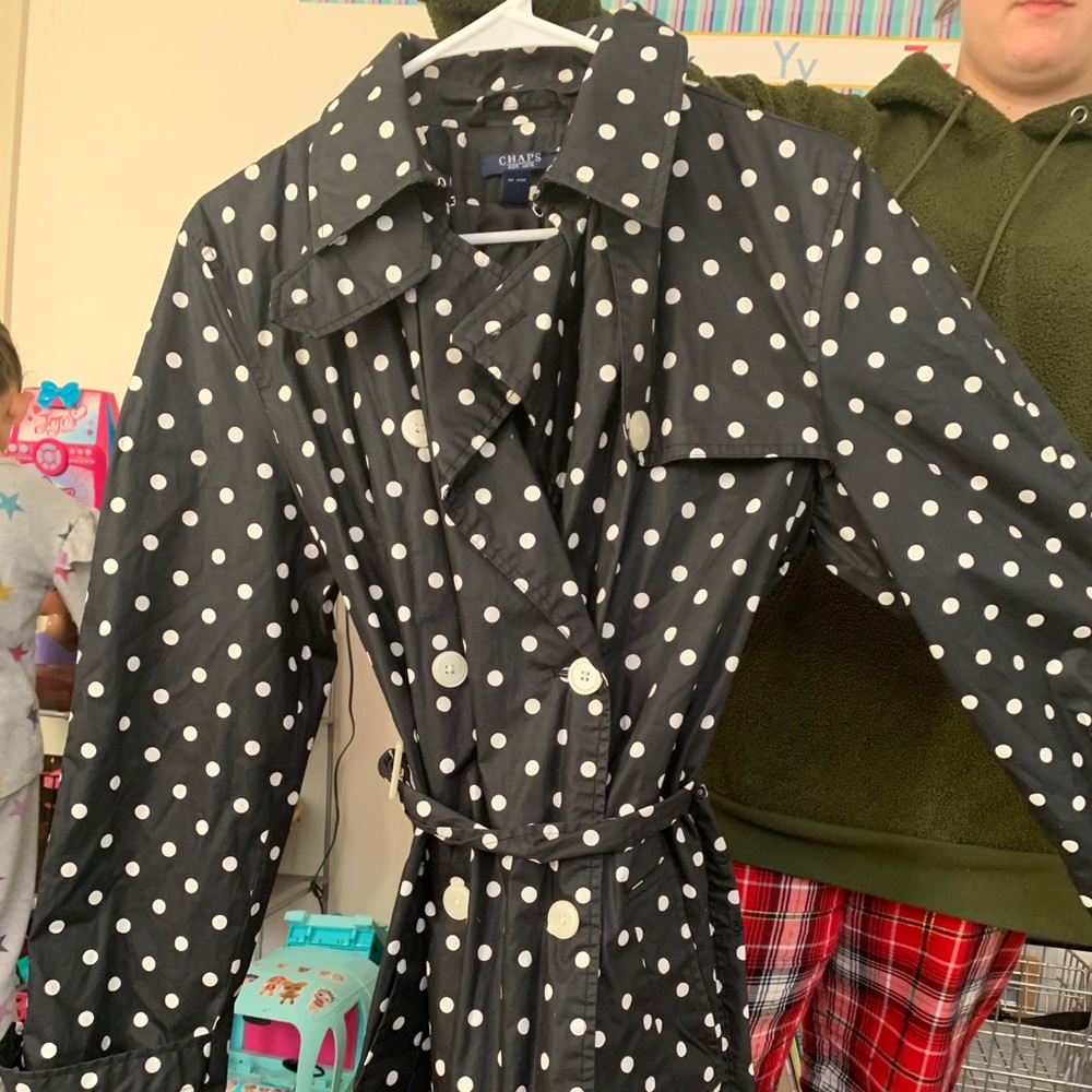 Women's black coat with polkadots and belt